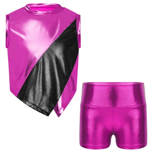 Kids Girls Set Stage Suit Tops Outfit Dancewear Color Block Bottoms Sleeveless - Picture 28 of 61
