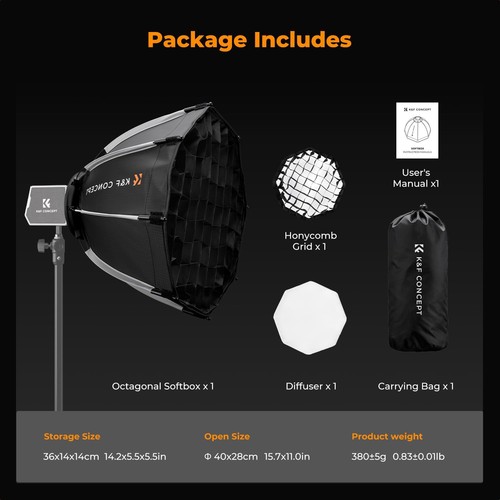 K&F Concept 15.7" Mini Octagonal Softbox for PL-60B Bowens Mount COB Video Light - Picture 8 of 8