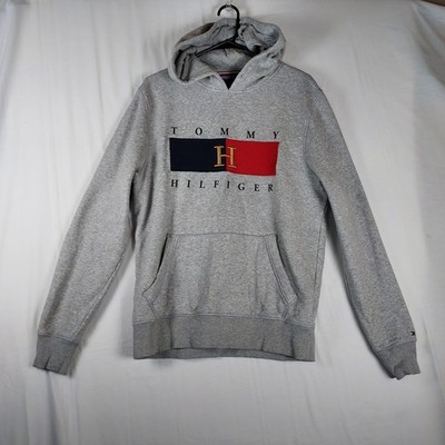 Tommy Hilfiger Hoodie Men s M Gray Pullover Sweatshirt Flag Logo Casual
