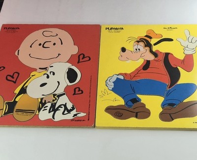 Vintage Lot of 2 Playskool Wooden Puzzles Disney Pluto & Charlie Brown & Snoopy