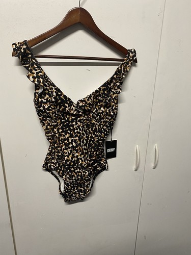 DKNY TEXTURED CHEETAH BLACK MULTI Printed Ruffle Plunge One-Piece Swimsuit, US 6 - Picture 2 of 17