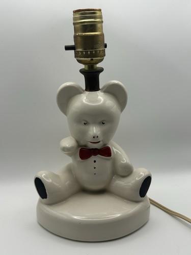 Vintage Porcelain Glazed Pottery White Teddy Bear Nursery Lamp - Red Tie