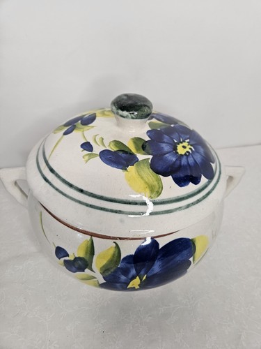 Vintage mexikanischer handgemachter bemalter dekorativer Bohnentopf mit Deckel blaue Blumen Kasserolle - Bild 2 von 11