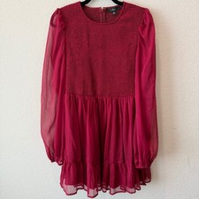 Lulus Magenta Pink Smocked Mini Dress Sheer Long Sleeve Ruffle Tiered Size M