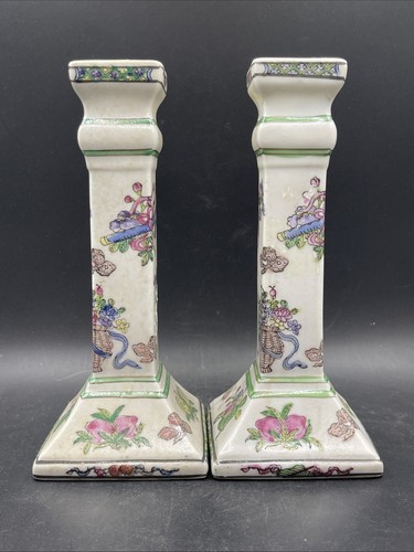 Pair of Porcelain Chinoiserie Oriental Macau Floral Candlestick Holders - Picture 4 of 16