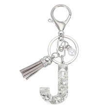 Initial Letter Keychain with Tassel Alphabet Letter J Keyring Silver