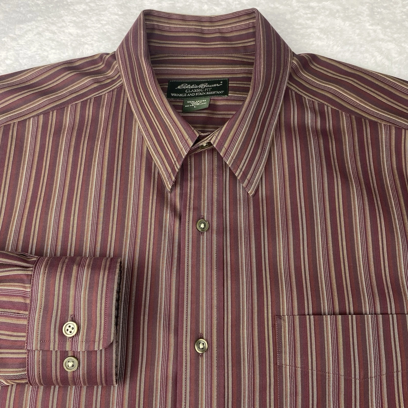 Eddie Bauer Shirt Mens Large Brown/Gold Stripes Wrinkle-Resistant Classic Fit