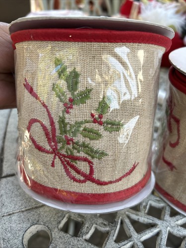 Vintage Light Brown And Red Embroidered 4" Christmas Wired Ribbon. - Picture 1 of 3