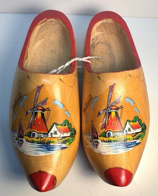 Vintage Dutch Carved Wooden Shoes With Windmills Souvenir Of Holland Clogs 