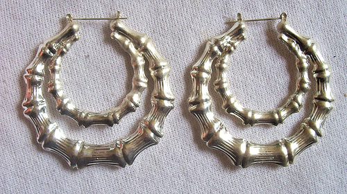 PENDIENTES DE ARO BAMBÚ grandes tono plata aros dobles 3,25 pulgadas - Imagen 2 de 3