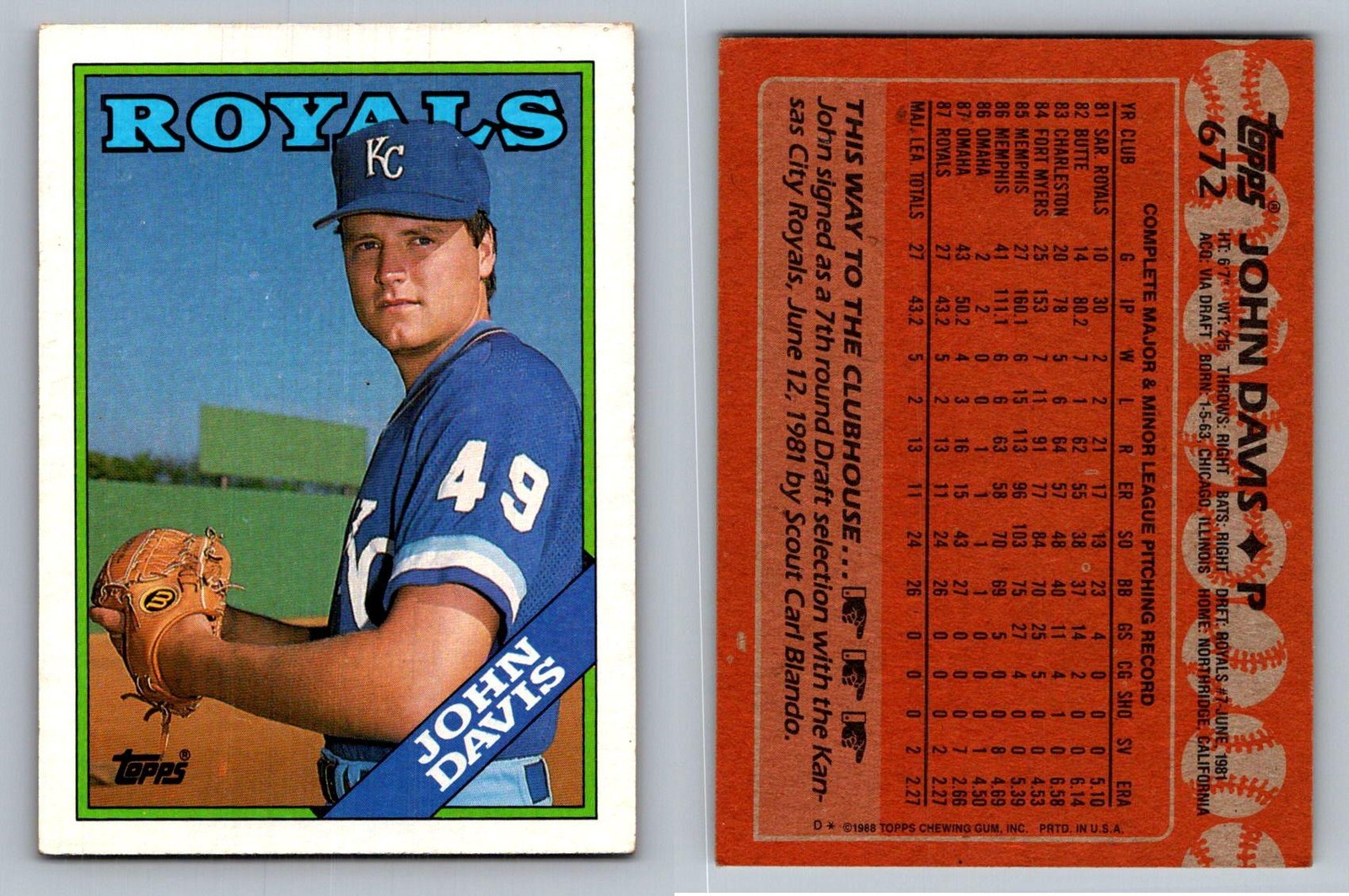 John Davis Pitcher Kansas City Royals Topps 1988 Card 672 Baseball Memorabilia