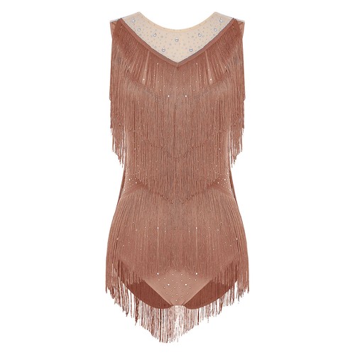 Womens Dancewear Leotard Bodysuit Ballroom Dress, Swing Crew Neck Stage Tassel - Picture 22 of 83