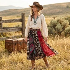 Boho Hippie Festival Western Prairie Patchwork Mixed Print Midi Skirt XL Vtg