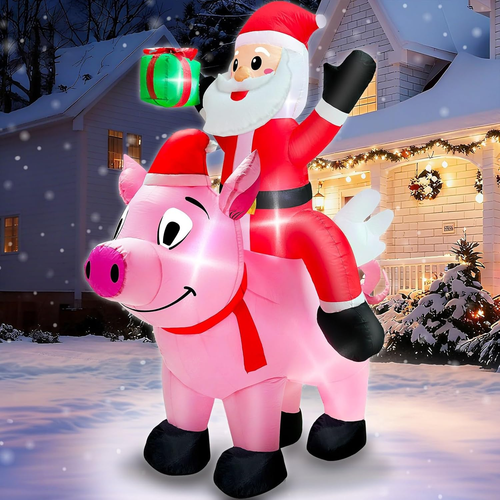 6 pies Navidad inflable decoración exterior iluminado Papá Noel paseo por cerdo volador yar - Imagen 8 de 11