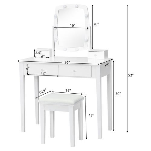 Vanity Table Set w/ Lighted Mirror Adjustable 4 Drawer 10 Bulbs Dresser White - Picture 2 of 7