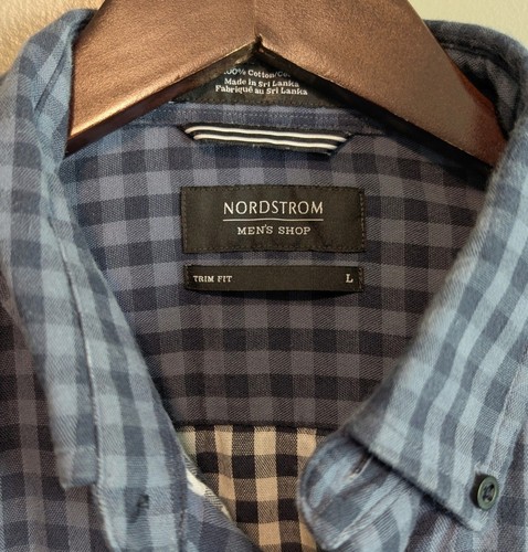 Nordstrom Size Large Blue Check Shirt Trim Fit Double Layer Button Down LS Mens - Picture 2 of 4