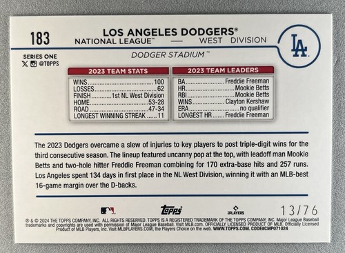 Tarjeta del equipo de los Dodgers de Los Ángeles 2024 Topps Serie 1 Día de la Independencia /76 - #183 - Imagen 2 de 3