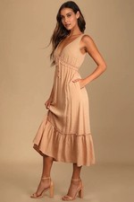 Lulus x Lush Light Brown Tan Swiss Dot CottageTiered Midi Dress Size Medium