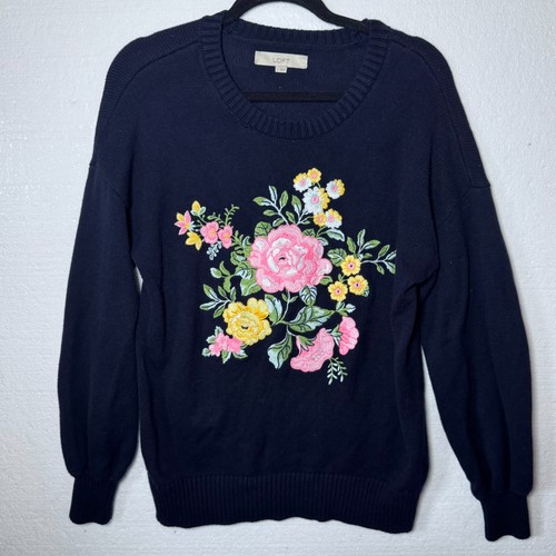 Loft Ann Taylor Damen Pullover Pulli Large dunkelblau bestickt Blumen Strick - Bild 1 von 12