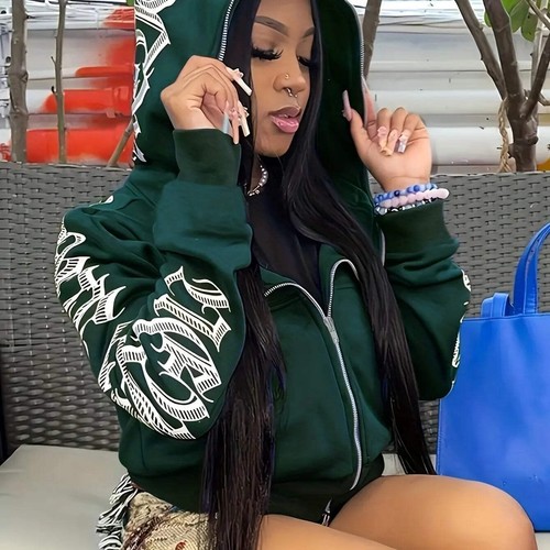 Letter Print Long Sleeve Zip Up Hoodies, Cyber Y2K Gothic Punk Sweatshirt, Women - Picture 65 of 78