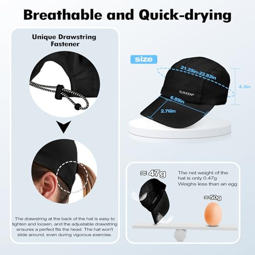Lightweight Sun Hat for Women Men,Quick Drying Baseball Cap UPF50+ Black - Picture 4 of 6