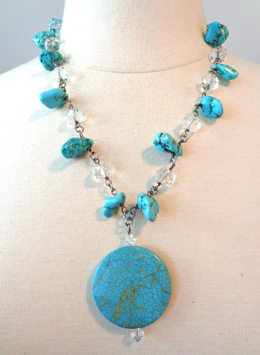 Fashion, Silver Tone, Glass Beads, Turquoise Nuggets Pendant Necklace. - Picture 1 of 3