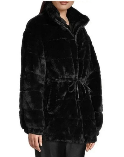 $ 345 NEU Elie Tahari L schwarz weich luxuriös Cinch Taille Kunstfell Jacke Mantel - Bild 4 von 5