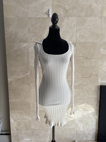 Reformation Vittoria Mini Dress Small Cream Ribbed Bodycon Collared Long Sleeve - Picture 6 of 11