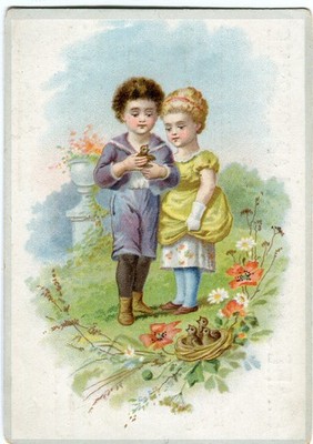 GlanzbilderOblaten scraps Litho Mädchen Junge Blumen Vogelnest 11,9 cm
