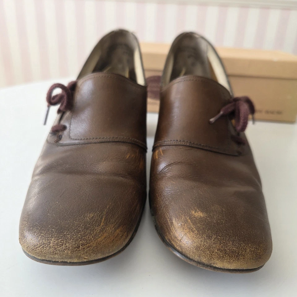 Zapatos Con Cordones De Colección Años 70 9B Mujer Marrón Tacón Bloque Cuero Retro Preppy Academia Foto 2 de 4