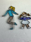 Vintage Pair Stained Glass Hanging SunCatcher  Ornament Skier Skiing Cute