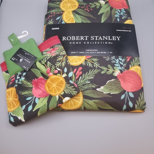 Robert Stanley Christmas Table Cloth 60x120 & Hand Towel Black Citrus Floral NWT - Picture 1 of 13