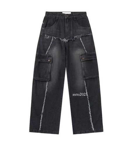 Men's Cotton Denim Black Denim Jeans Pockets Tassels Straight Leg Casual Pants - Picture 15 of 25