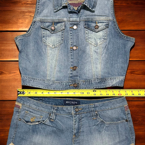 Rocawear 2 Stück bestickt Denim USA Patchwork Weste & Shorts Größe L Streetwear Y2K - Bild 13 von 17