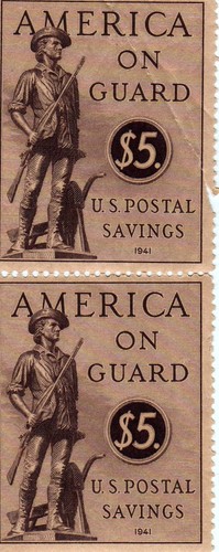 Two (2) 1941 $5 US Postal Savings Stamps "America on Guard" # PS 15 - MNH