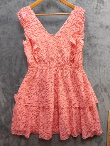 Betsey Johnson Dress Womens XL Pink Red Heart Print Ruffle Tiered Mini V Neck - Picture 7 of 15
