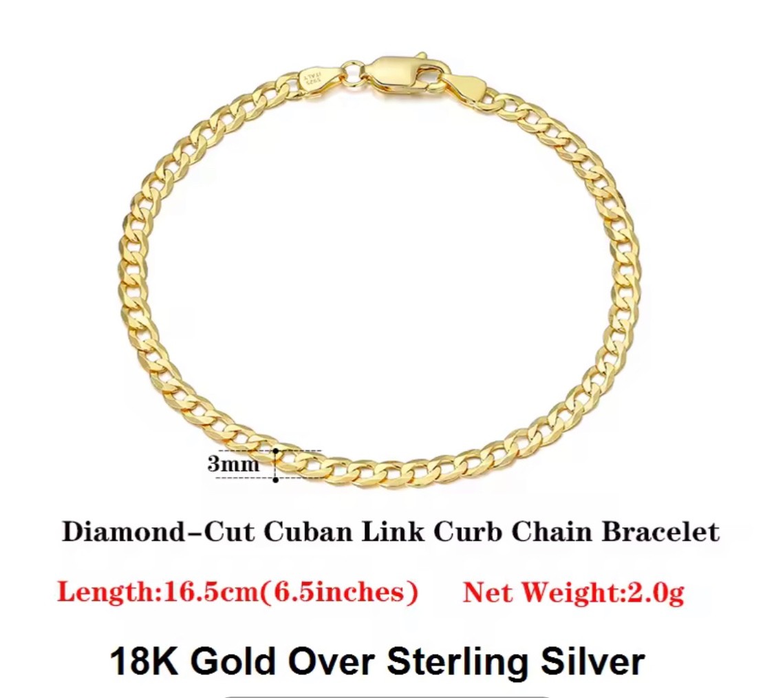 18K Gold Over 925 Sterling Silver 3mm Italian Cuban Chain Bracelet for Women Men