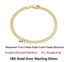 18K Gold Over 925 Sterling Silver 3mm Italian Cuban Chain Bracelet for Women Men