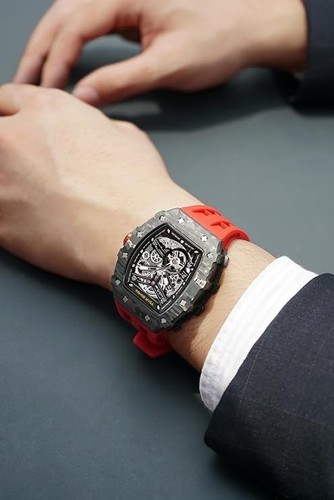 TSAR BOMBA Men's Business Watch, 50M Waterproof, Skeleton, Black Red TB-8208SGL - Bild 8 von 12