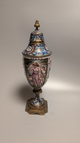 Victorian Italian Capodimonte Porcelain & French Bronze Champleve Urn Cherubs