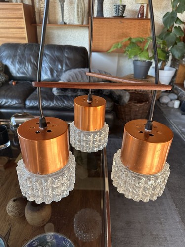 Vintage 1970s Prova Teak Boomerang Ceiling Light - 3 Cooper And Glass Shades - Picture 10 of 24
