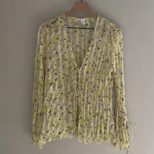 H&M lime green and pastel purple floral sheer tie flared top size large