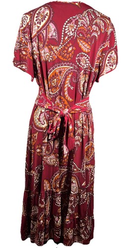 Maxi abito rosso paisley finto avvolgente taglia 1x arancione marrone autunno manica corta elasticizzato - Foto 3 di 13