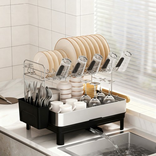 2-Tier Stainless Steel Dish Rack for Kitchen Counter with Utensil Holder & Drain - Picture 1 of 12