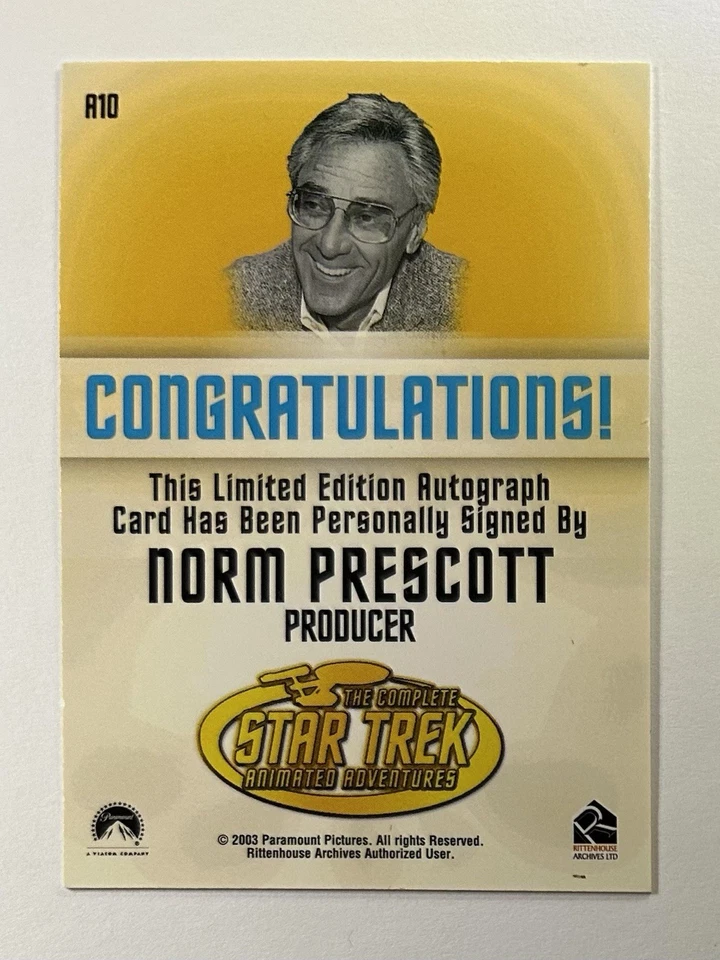 2003 Rittenhouse Star Trek TOS Animated Norm Prescott Autograph Auto Card A10 - Image 2 of 2
