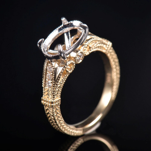 Milgrain Natural Diamond Oval Cut 10×7mm Semi Mount Ring 14K 2-Tone Gold Setting - Picture 2 of 13