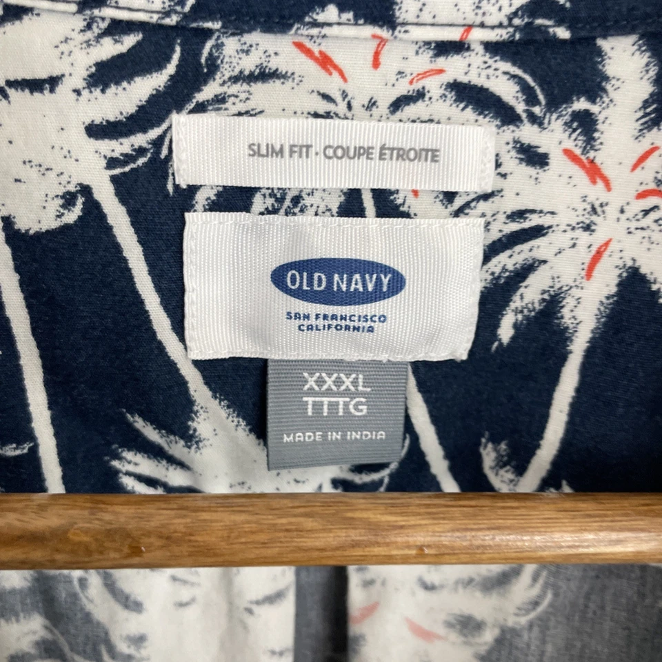 Camisa Antigua Azul Marino Para Hombres 3XL XXXL Calce Ajustado Azul y Blanco Palmera Manga Corta Botón Foto 3 de 4