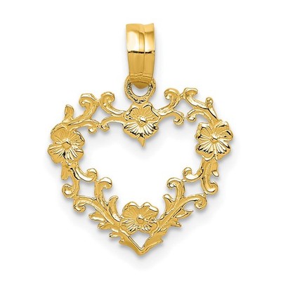 14k Gelbgold poliert Blumenrand Herz Anhänger C2922