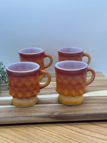 VTG ANCHOR HOCKING FIRE KING “KIMBERLY” Diamond Pattern Mugs. Red/Orange. 4pcs