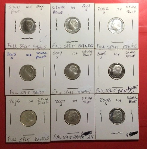 2000S-2008S US Roosevelt SILVER Dimes Set of 9 Different "PROOF" Carded Coins!
